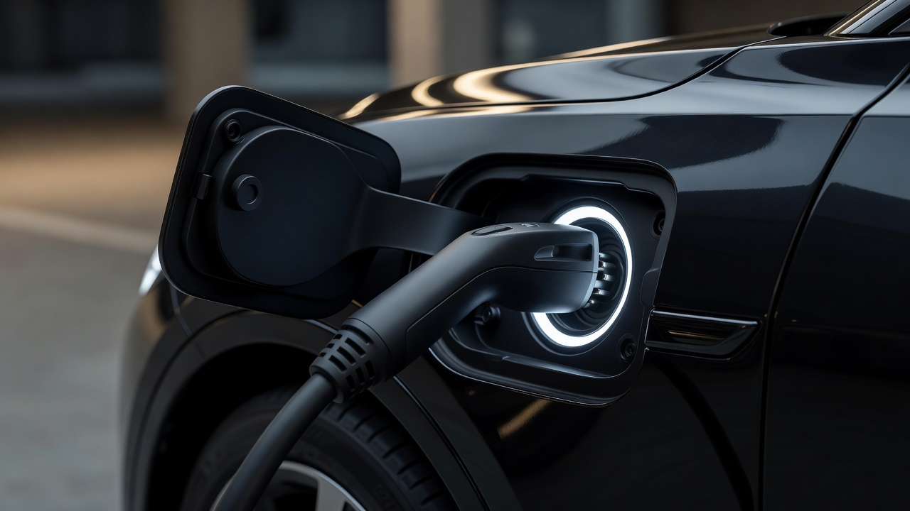 Rapid charging connector seated in an electric car’s illuminated charging port